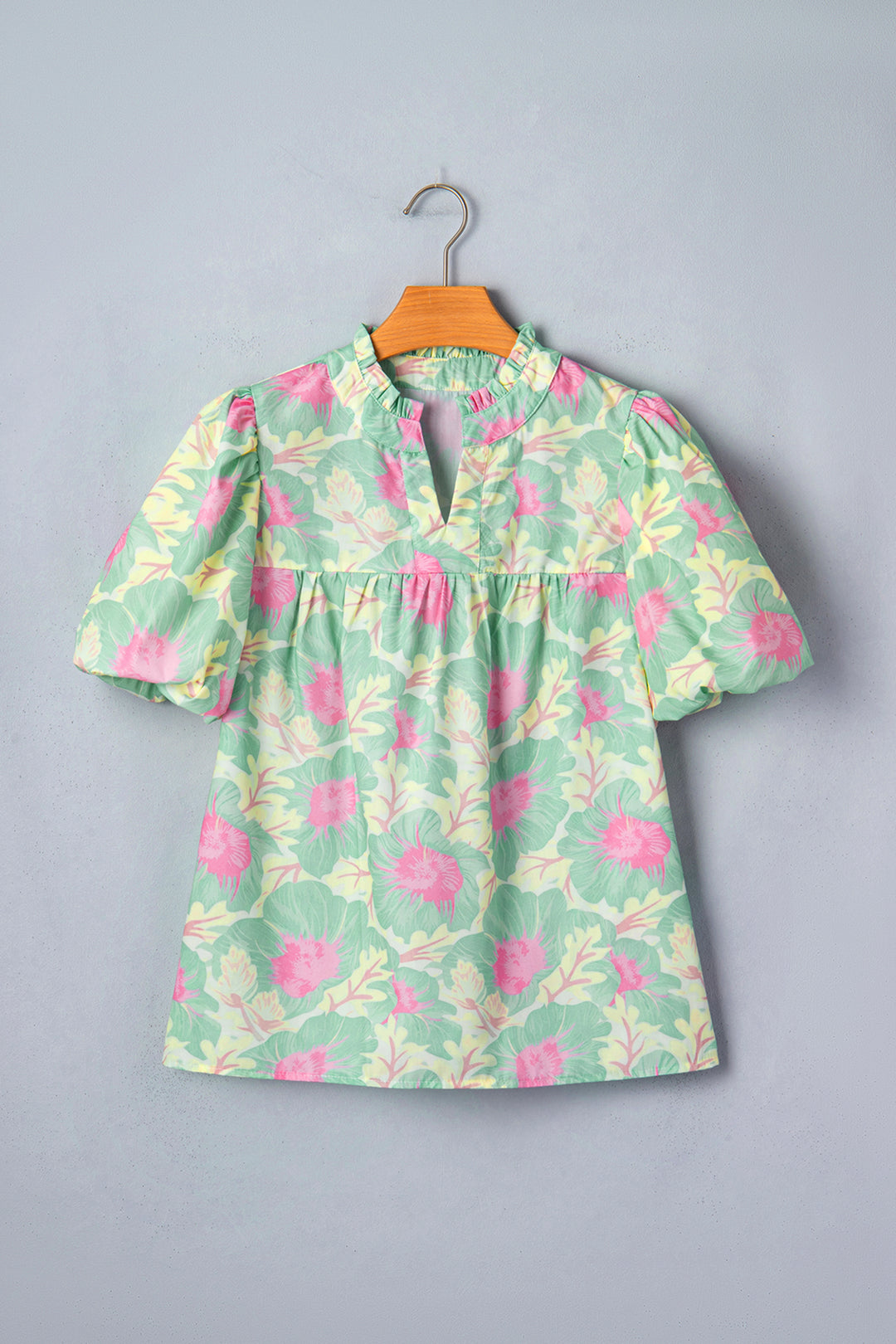 Pink Short Bubble Sleeve Summer Floral Blouse