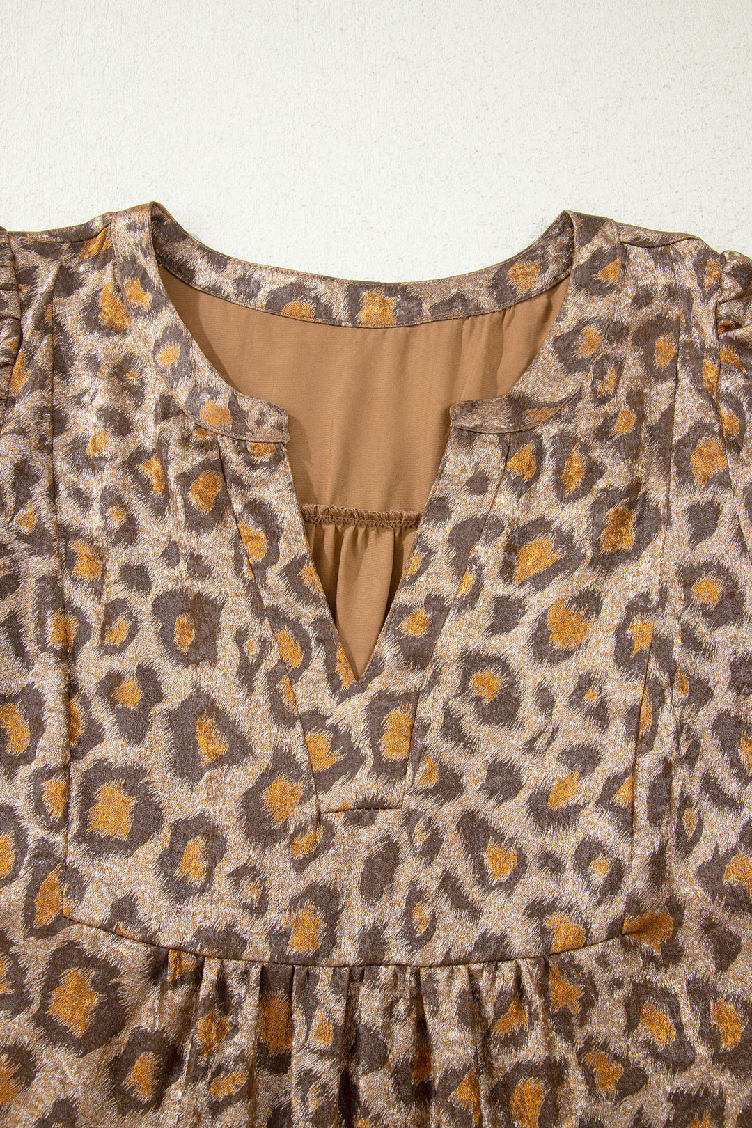 Khaki Leopard Print V Neck Ruffled Sleeve Tiered Loose Mini Dress