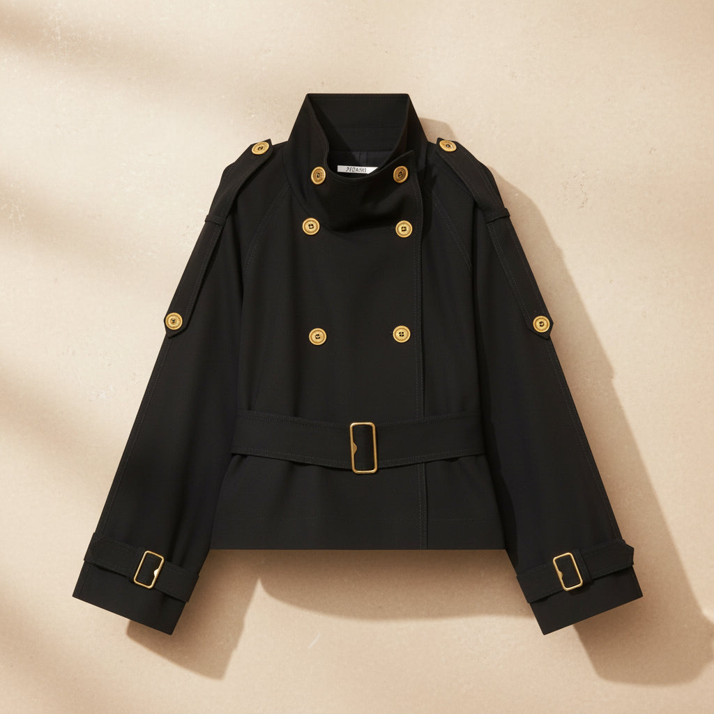 Cropped Double-Breasted Jacket with Gold Hardware
