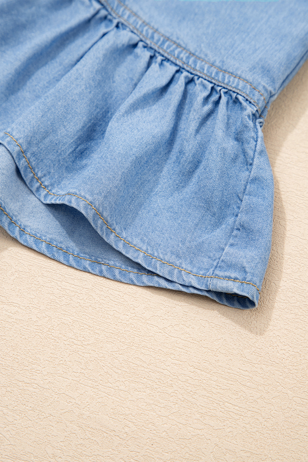 Beau Blue Half Sleeve Button Down Ruffled High Low Chambray Shirt