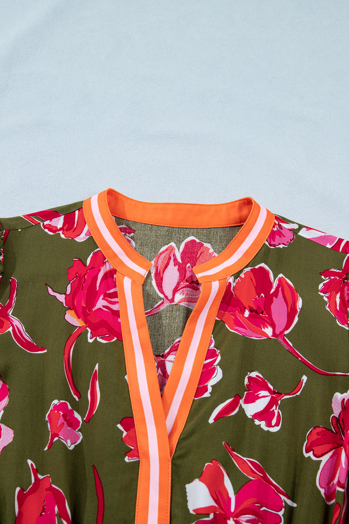 Green Floral Print Striped Trim Split Neck Short Puff Sleeve Ruffle Hem Maxi Dress