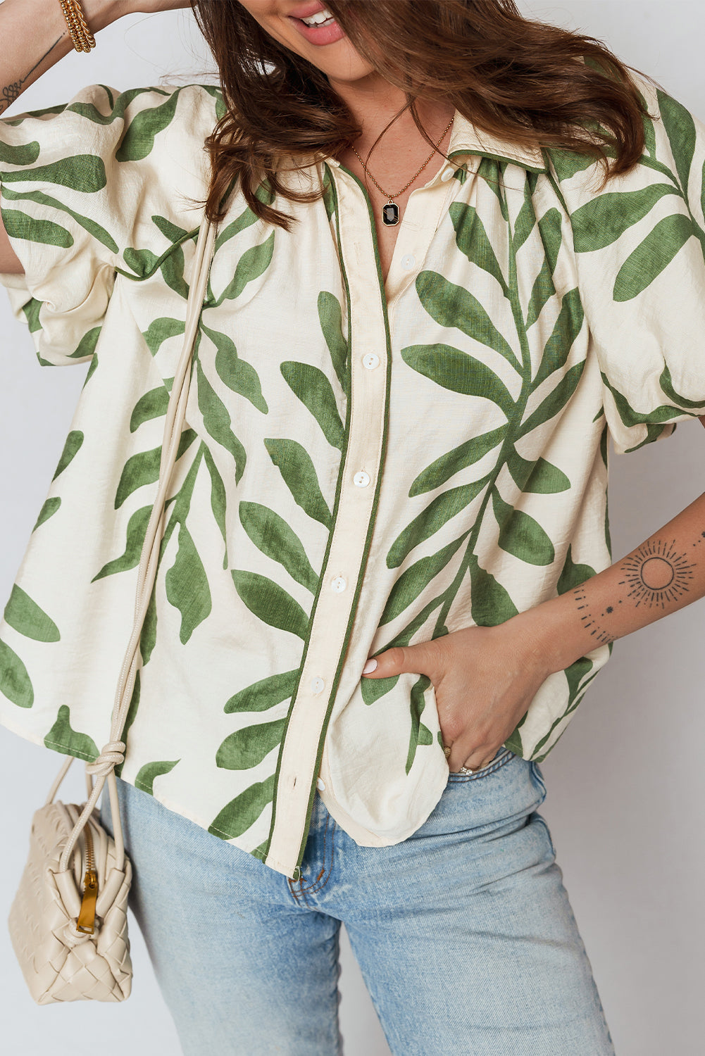 Green Leaf Print Short Balloon Sleeve Shirt