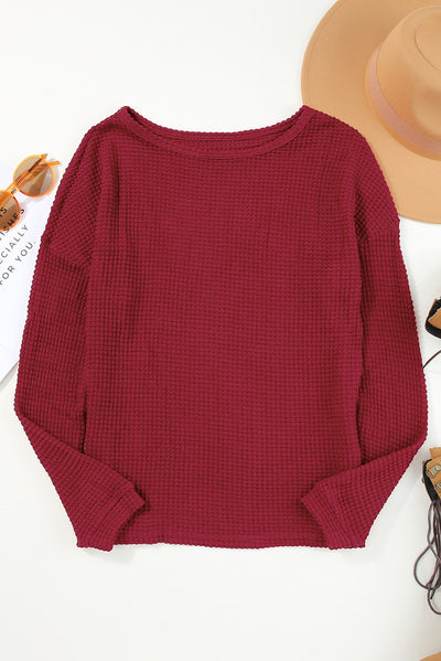 Fiery Red Waffle Knit Drop Shoulder Long Sleeve Top