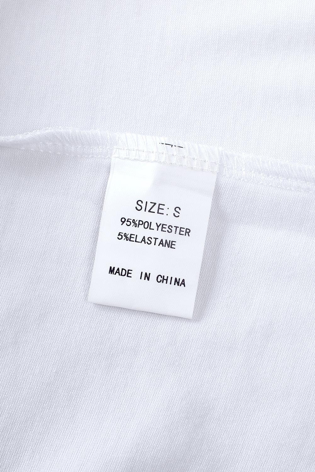 Size and material label on white tank top