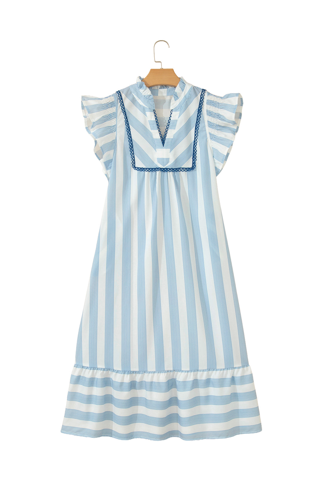 Sky Blue Stripe Subtle Lace Detail V Neck Ruffle Trim Casual Dress