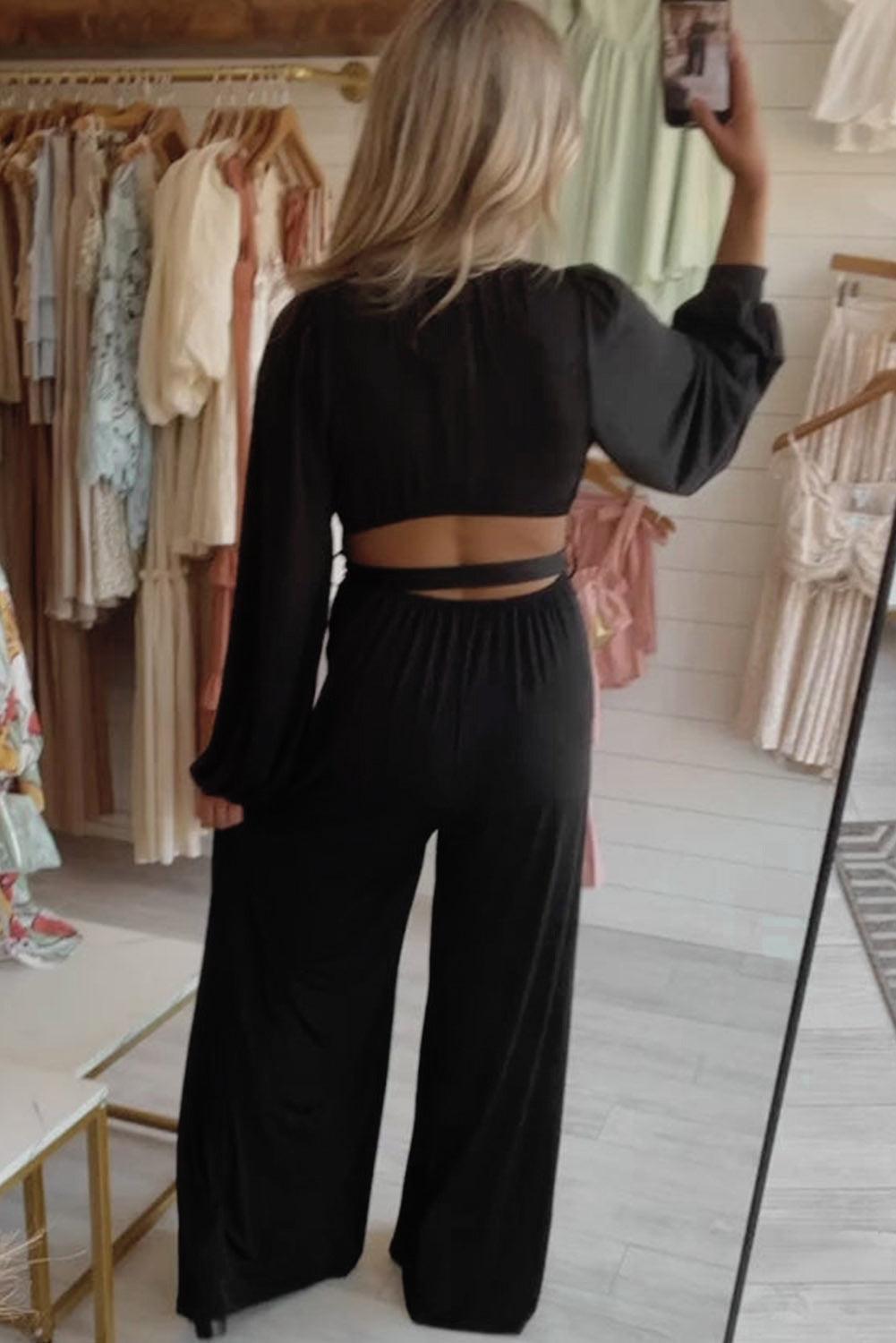 Black Cutout Back Belted V Neck Wide Leg Jumpsuit