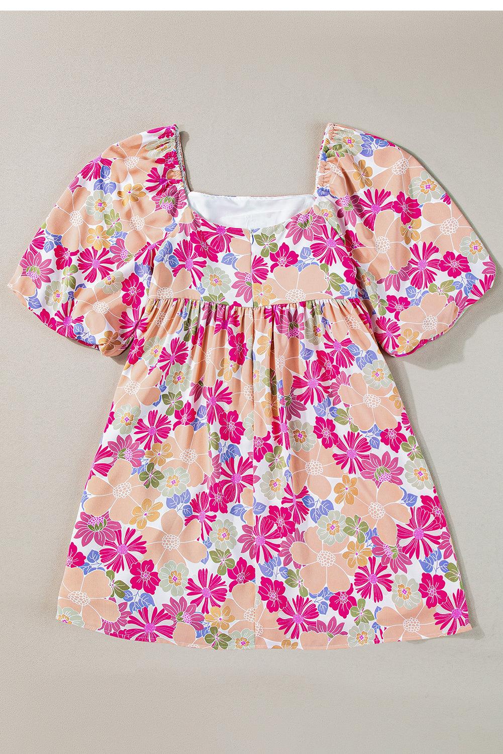 Rose Summer Floral Square Neck Puff Sleeve Babydoll Dress