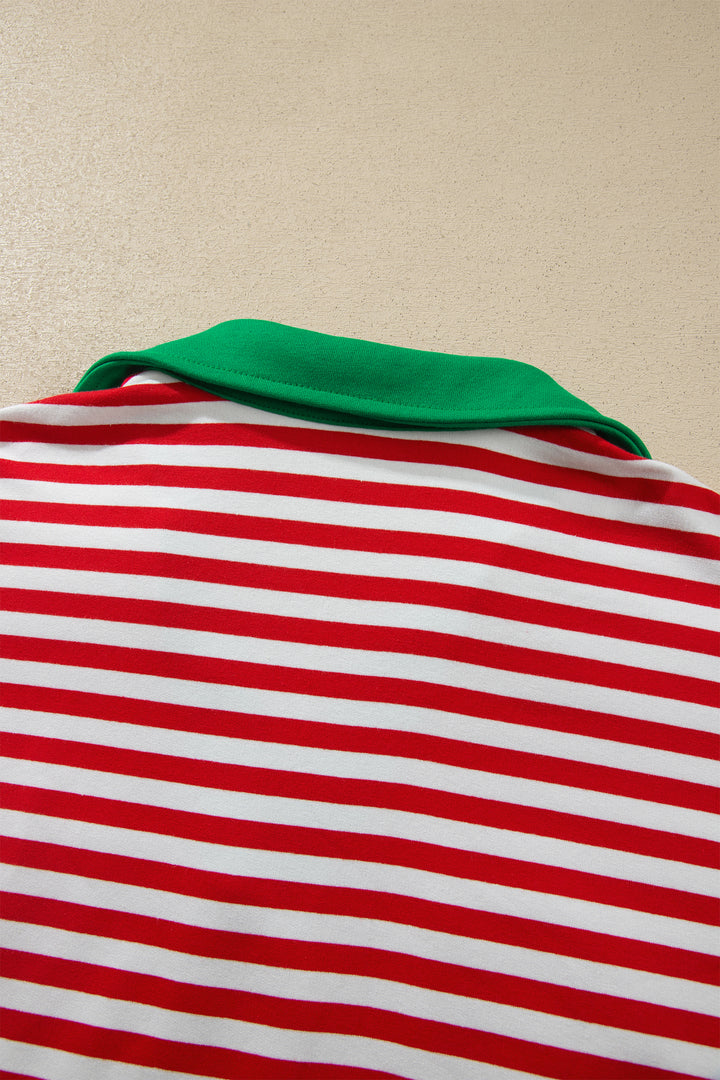 Red Stripe Colorblock Trim Polo Collar Drawstring Elastic Waist Band Casual 2pcs Outfit