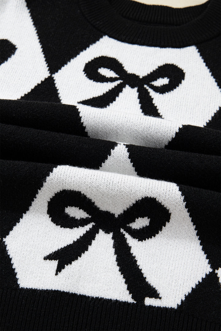 Black Bow Print 2-tone Rhombus Knit Loose Sweater