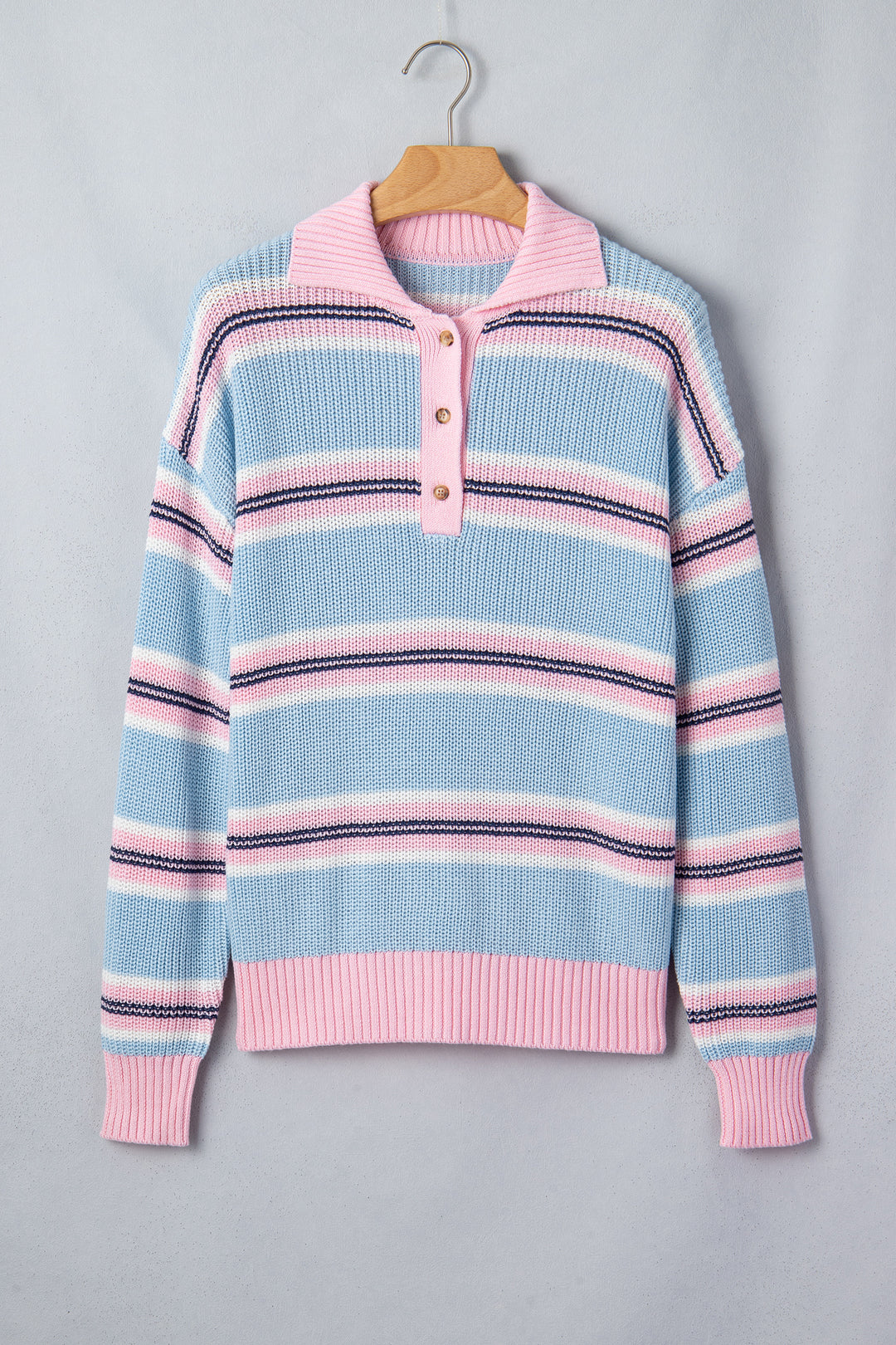 Sky Blue Stripe Striped Button Collar Long Sleeve Shift Fit Winter Knitwear Sweater