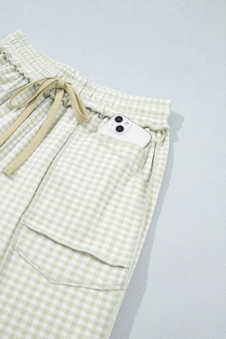 Green Plaid Contrast Trim Drawstring Elastic Waist Shift Pants