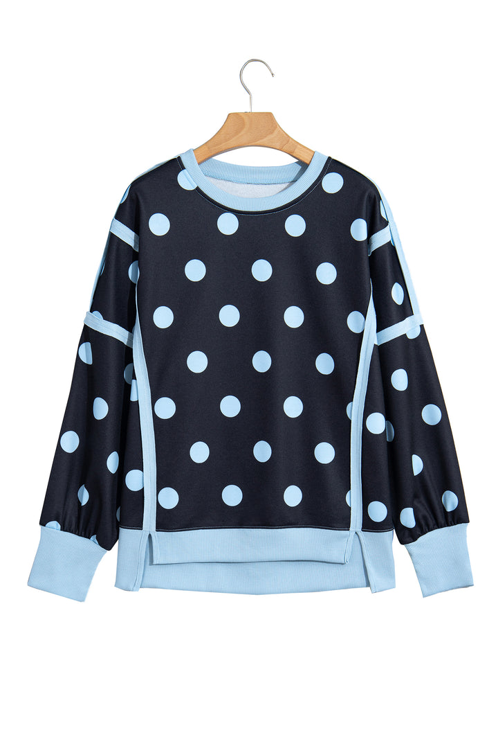 White Polka Dot Contrast Patchwork Round Neck Baggy Sweatshirt