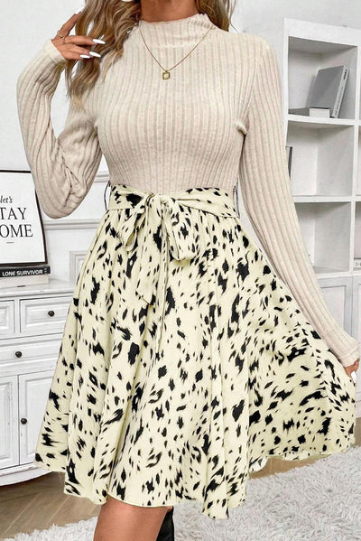 Beige Ribbed Knit Patchwork Printed Belted A-line Dress