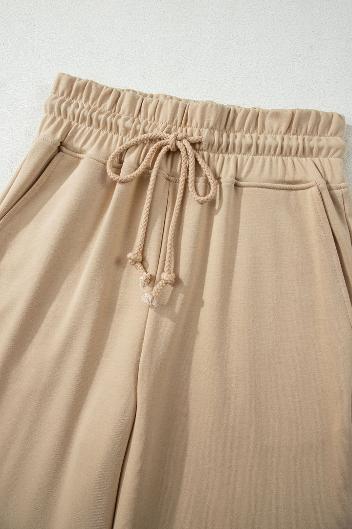 Parchment Solid Color Loose Tee Drawstring Wide Leg Pants 2pcs Outfit
