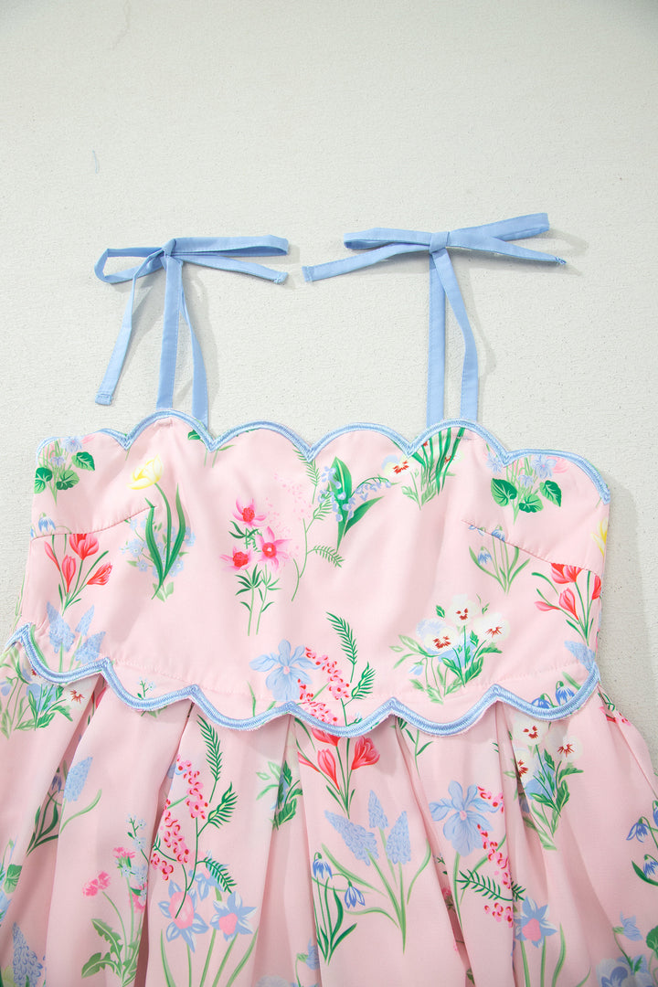 Beige Floral Print Contrast Trim Self-tie Straps High Waist Midi Dress