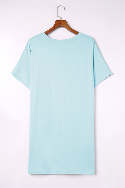 Light Blue Side Pockets Short Sleeve Tunic Top