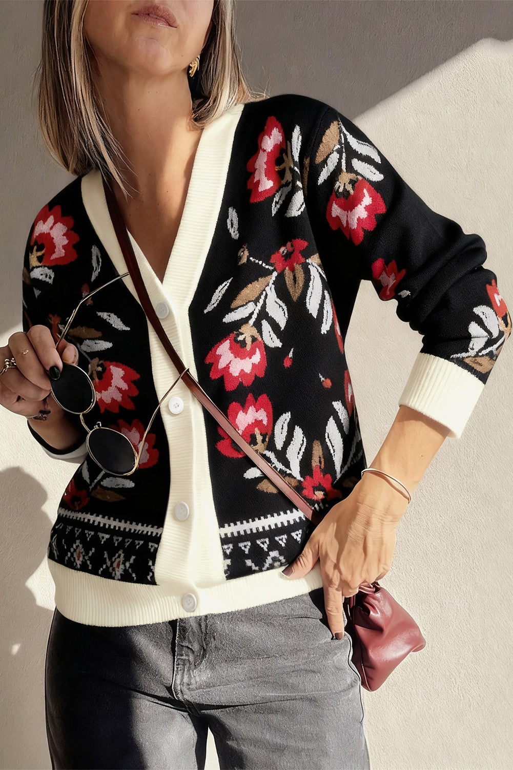 Beige Floral Print Buttoned Front V Neck Knit Cardigan