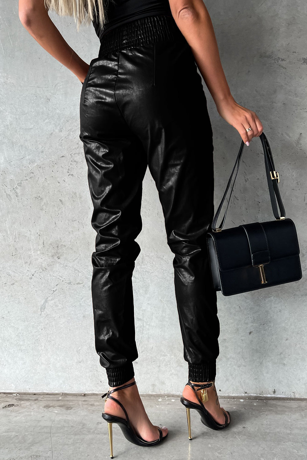 Black Smocked High-Waist Leather Skinny Pants