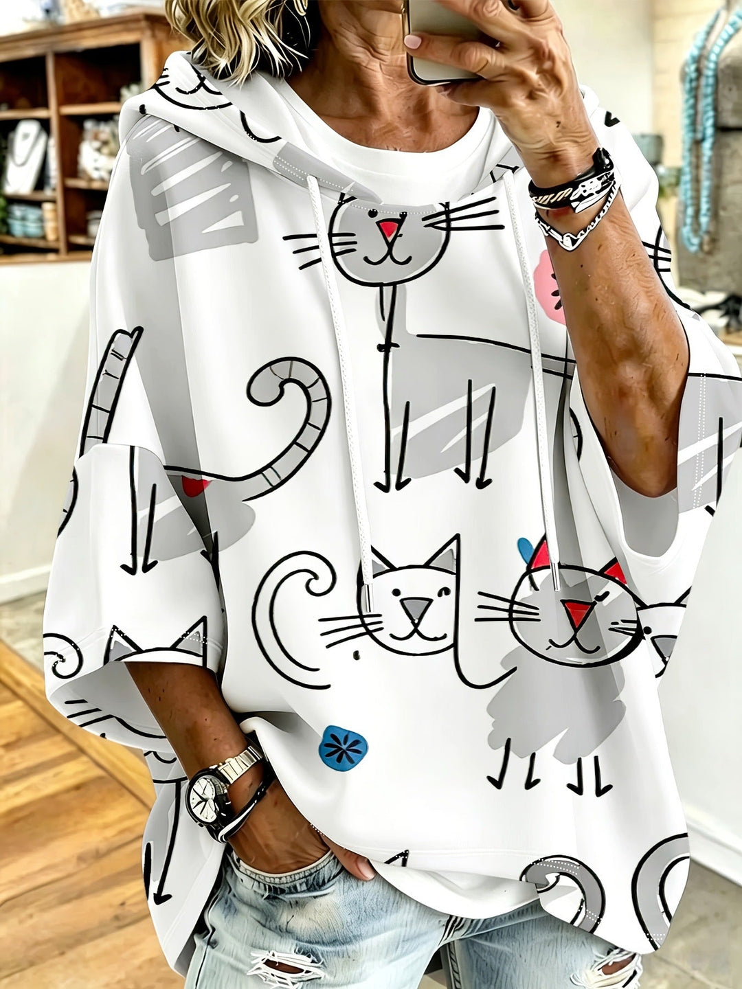 Cartoon Cat Print Hoodie with 3/4 Sleeves &amp; Drawstring