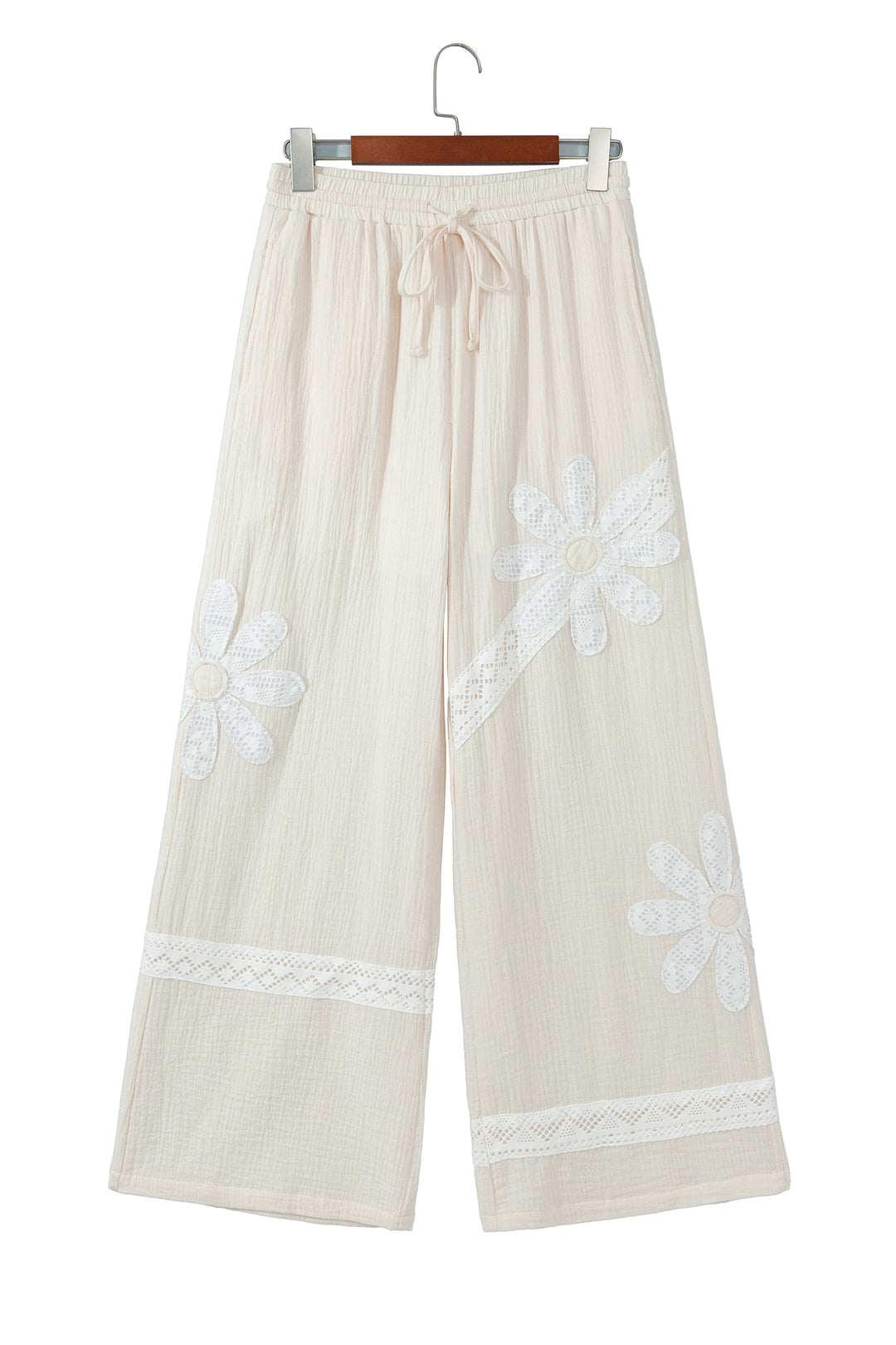 White Floral Lace Patchwork Boho Wide Leg Casual Pants