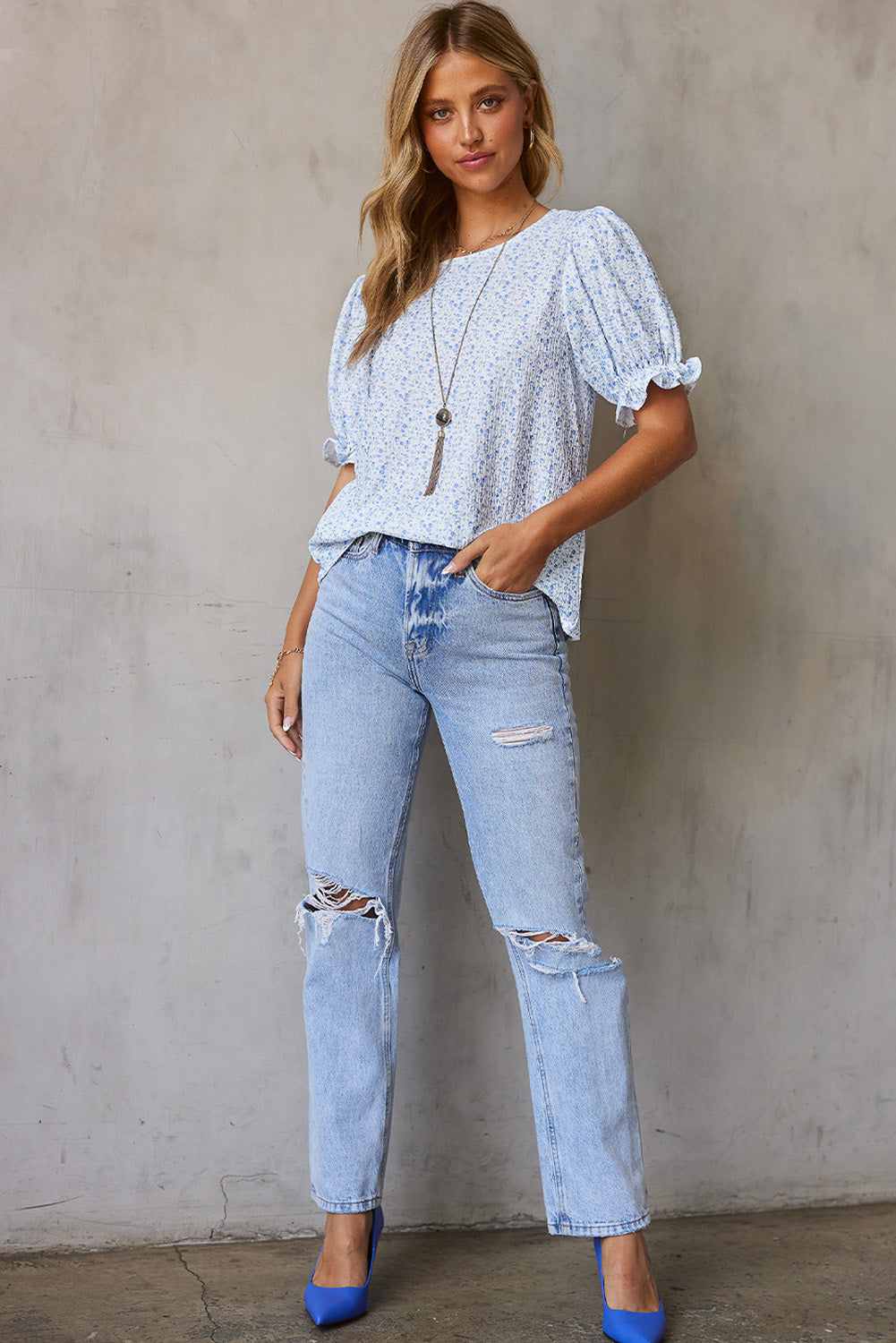 Sky Blue Floral Smocked Puff Sleeve Blouse