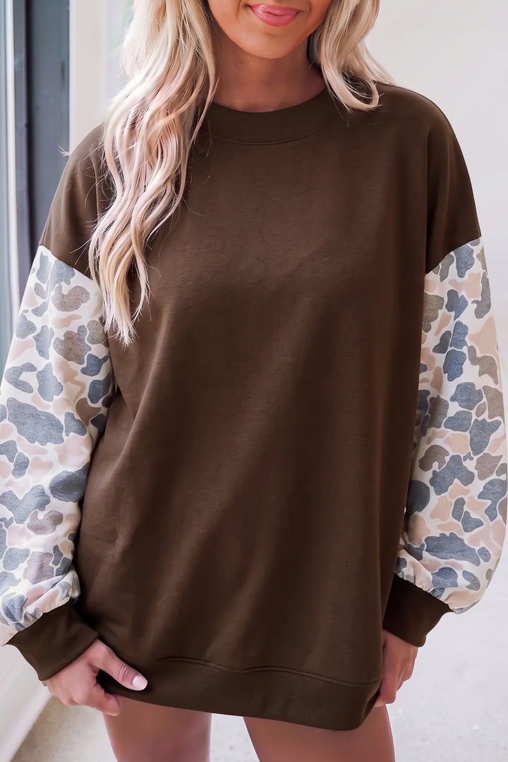 Coffee Camouflage Sleeve Crewneck Baggy Pullover Sweatshirt