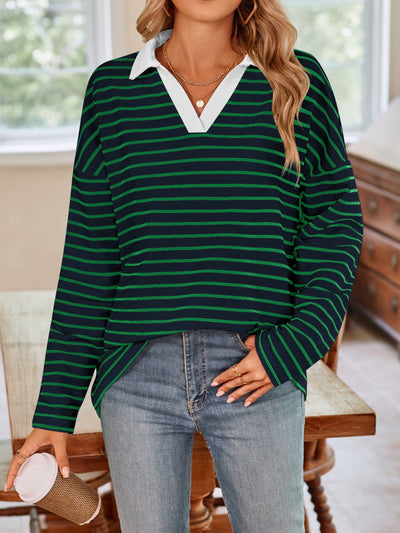 Lovelet Striped Johnny Collar Long Sleeve T-Shirt