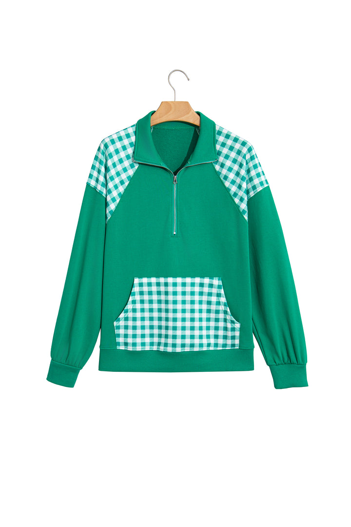 Navy Blue Patchwork Plaid Pocket Quarter Zip Sweatshirt