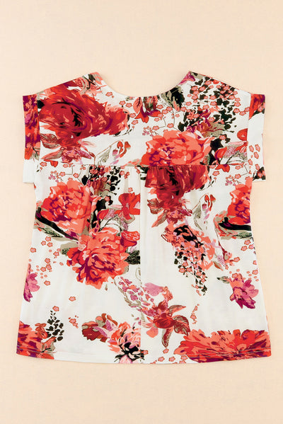 Fiery Red Floral Short Sleeve Round Neck Blouse