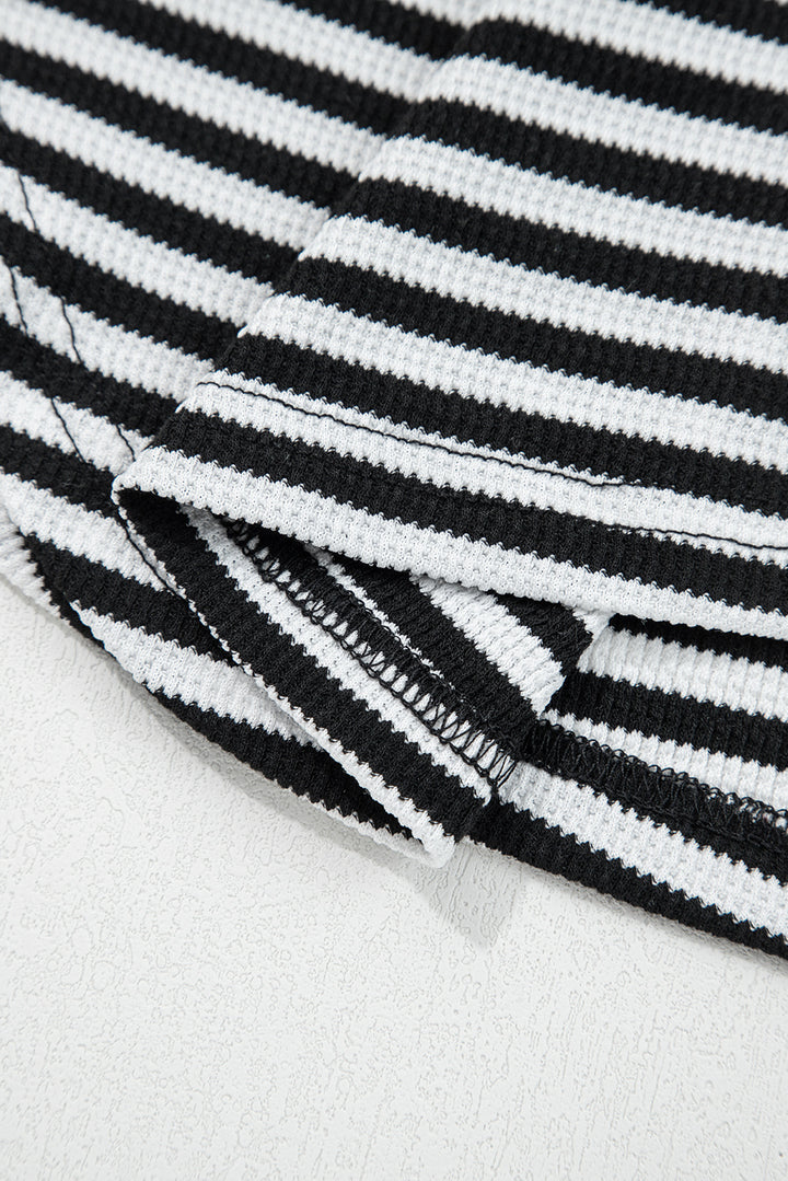 Black Stripe Thermal Knit Drop Shoulder Casual Top