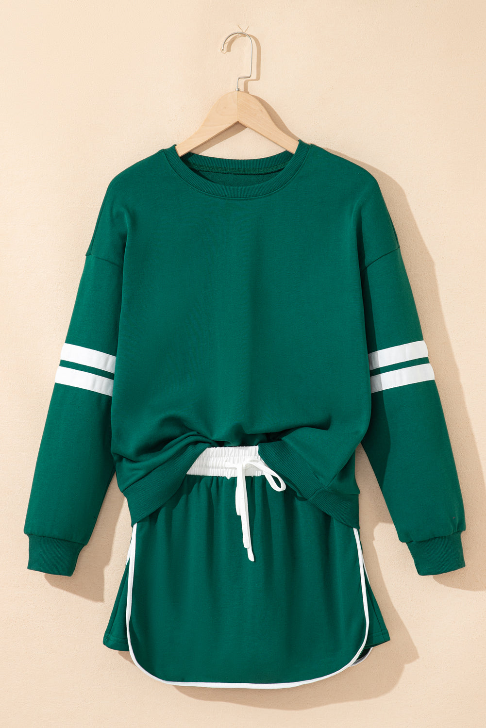 Orange Varsity Stripe Detail Drop Shoulder Pullover Mini Skirt Set