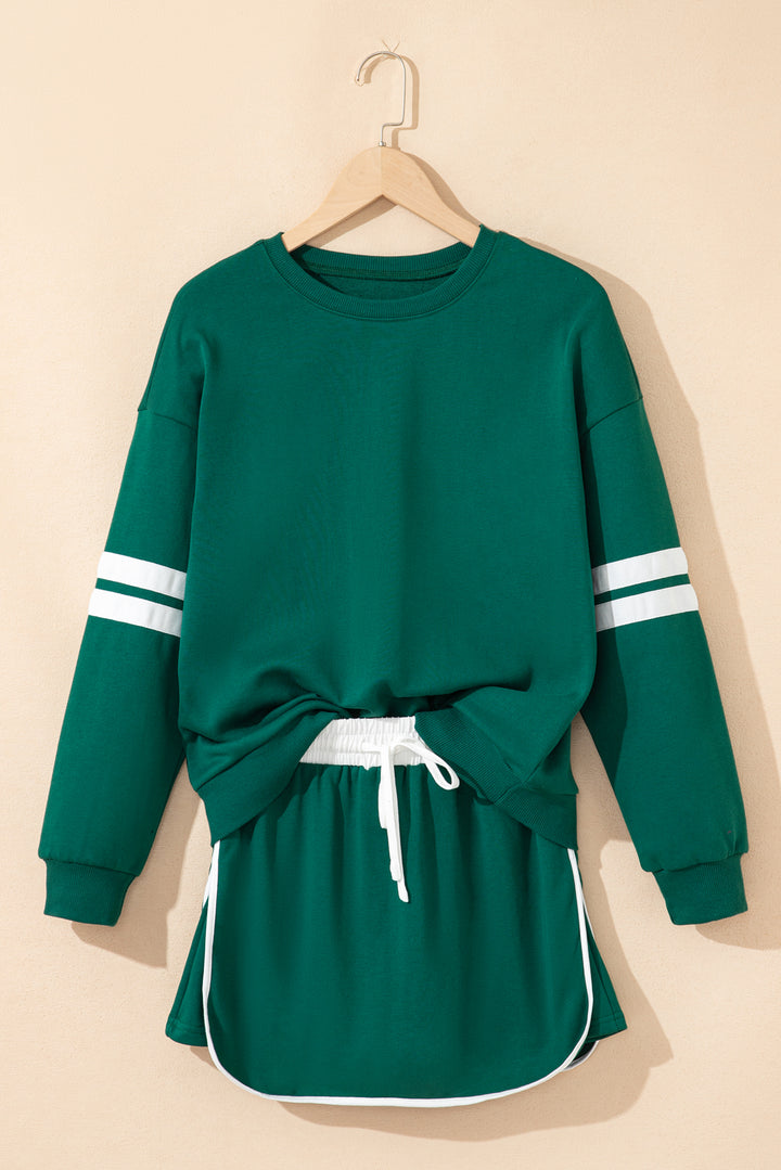 Orange Varsity Stripe Detail Drop Shoulder Pullover Mini Skirt Set