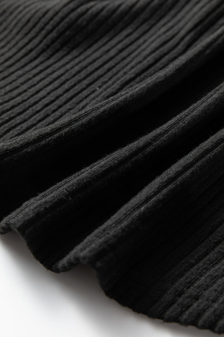 Black Ribbed Notched Neck Knit Long Sleeve Leggings Two Pieces Lounge Set