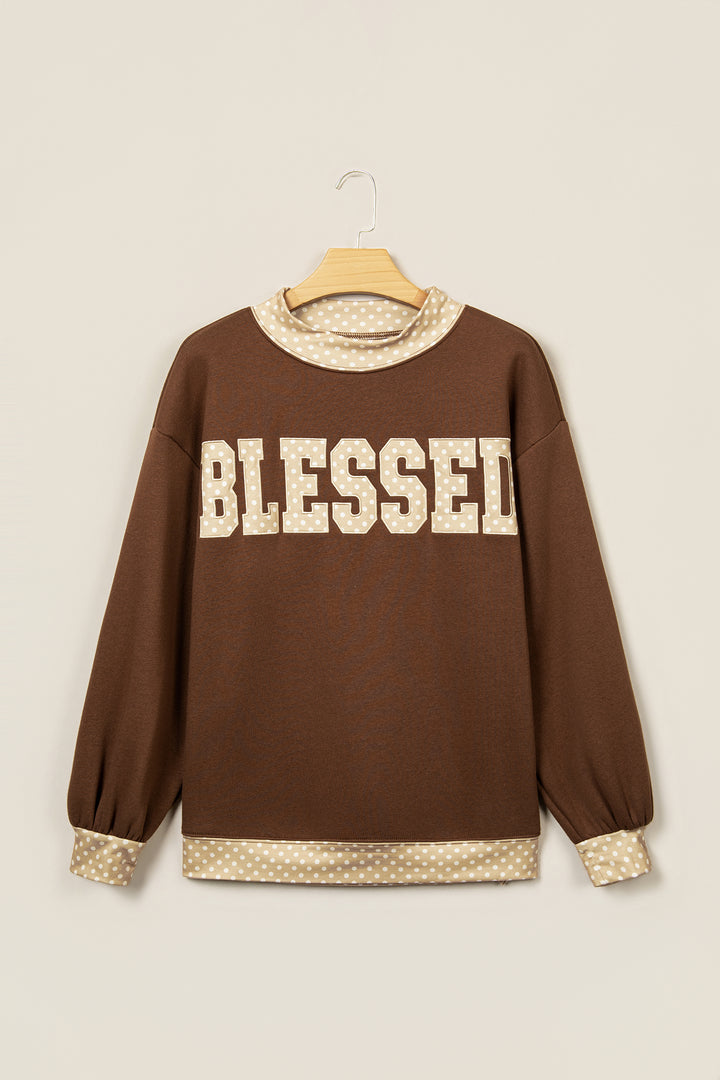 Coffee Polka Dot Trim High Neck BLESSED Letter Graphic Baggy Sweatshirt