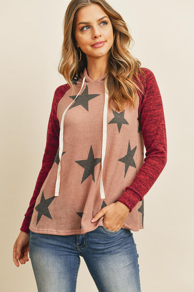 Brushed Hacci Sleeve Rib Detail Star Print Hoodie With Drawstring