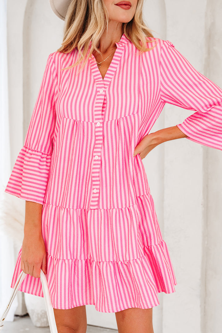 Pink Stripe Flare Sleeve Half Placket Tiered Flowy Mini Dress