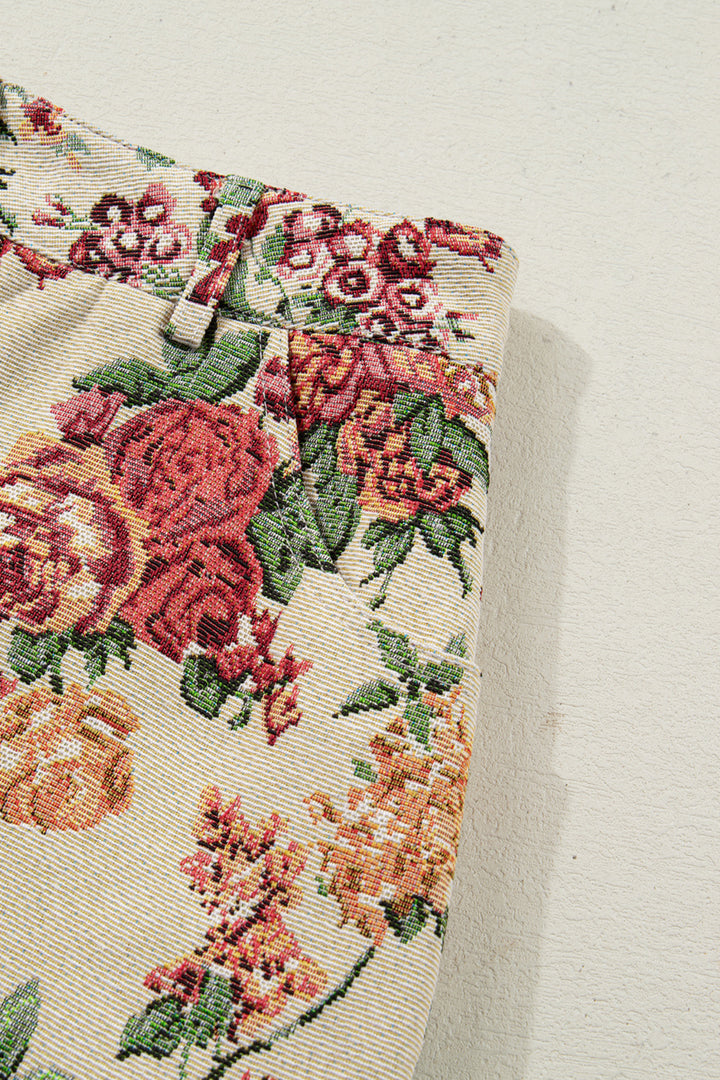 Apricot Buttoned Front Scalloped Trim Mini Jacquard Floral Skirt