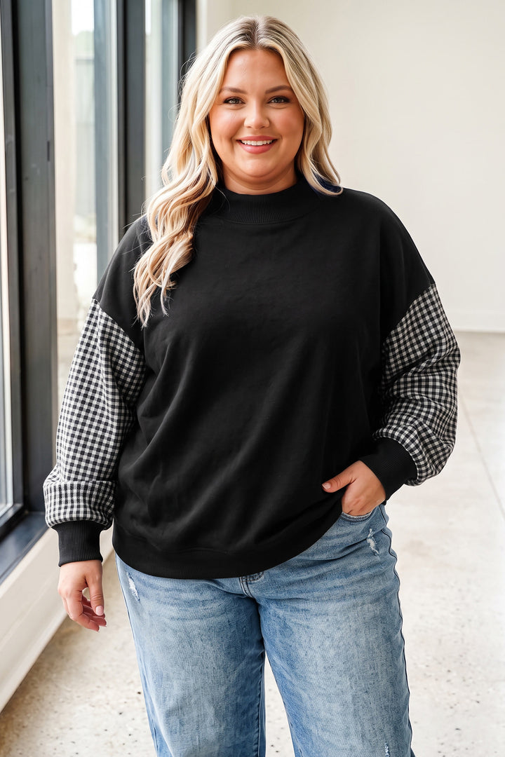 Black Patchwork Plaid Loose Fit Long Sleeve Plus Size Sweatshirt