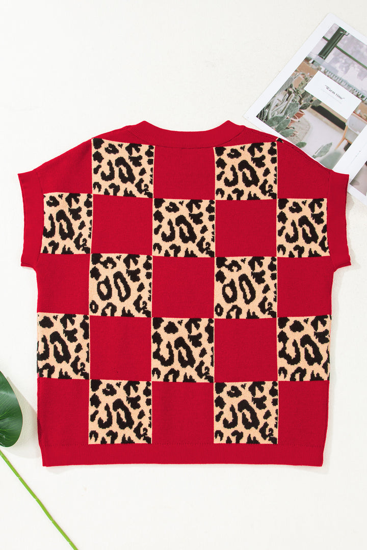 Green Leopard Checkerboard Short Sleeve Knit Sweater