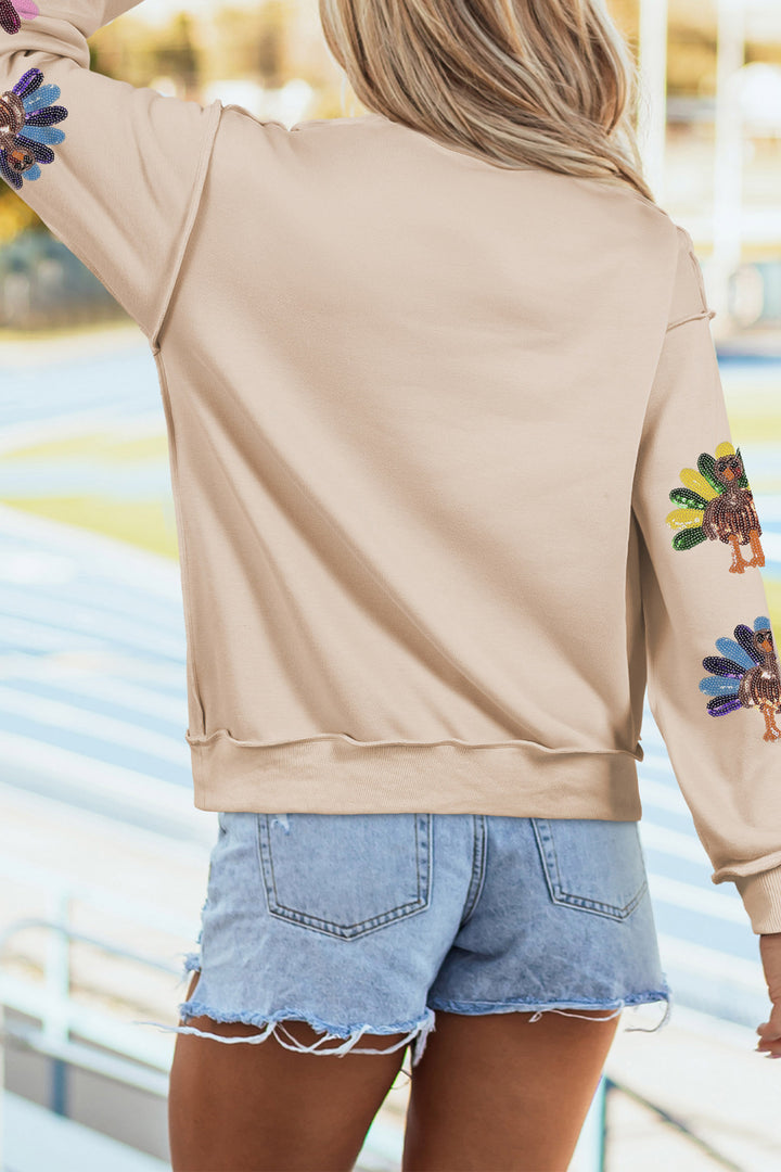Apricot Sequined Turkey Exposed Seam Thanksgiving Graphic Sweatshirt