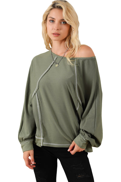 Green Exposed Seam Patchwork Dolman Sleeve Top