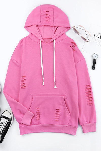 Pink Solid Ripped Hooded Sweatshirt with Kangaroo Pocket