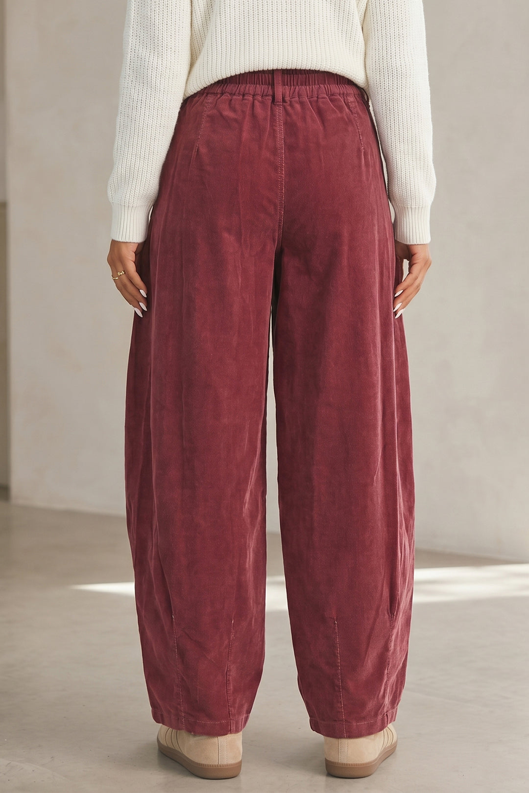Racing Red Elastic Waist Drawstring Corduroy Casual Pants