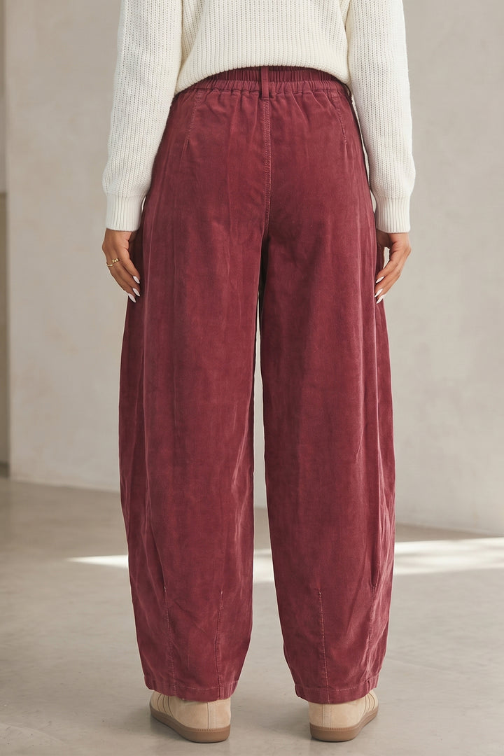 Racing Red Elastic Waist Drawstring Corduroy Casual Pants
