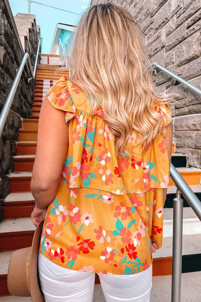 Yellow Floral Print Ruffle Cap Sleeve Keyhole Back Blouse