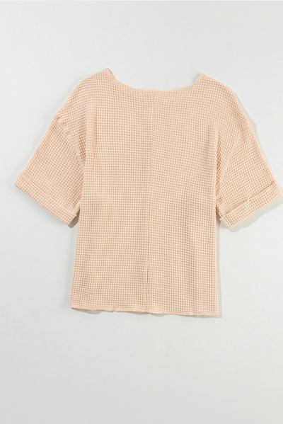 Parchment Textured Knit Split Neck Cuffed Short Sleeve Top