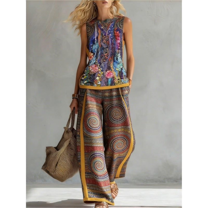 Printed Retro Sleeveless Top &amp; Wide-Leg Pants Set | 12 Prints S–5XL