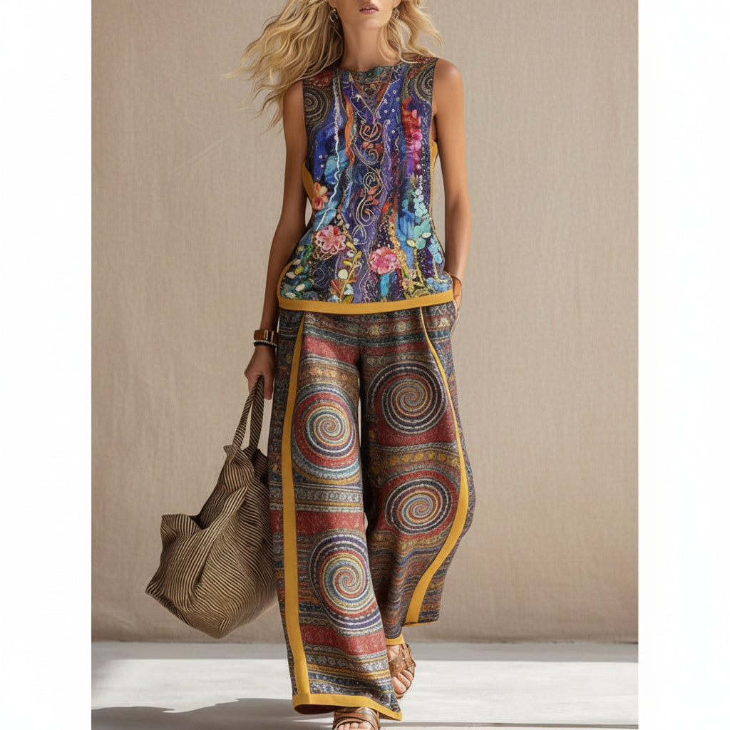 Printed Retro Sleeveless Top &amp; Wide-Leg Pants Set | 12 Prints S–5XL