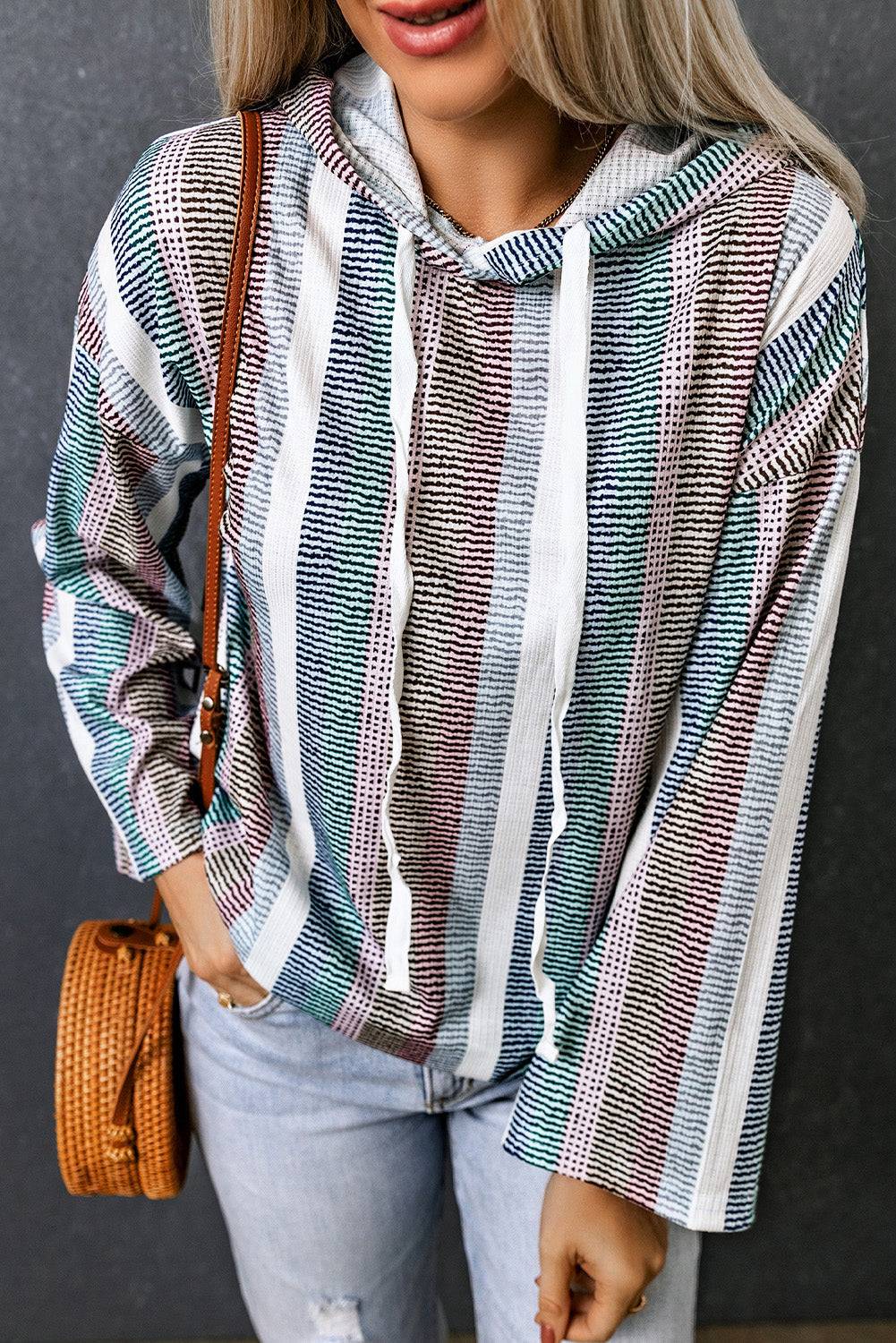 Multicolor Striped Drop Shoulder Textured Knit Hoodie