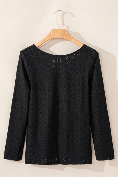 Black Floral Lace Splicing Eyelet Long Sleeve Top